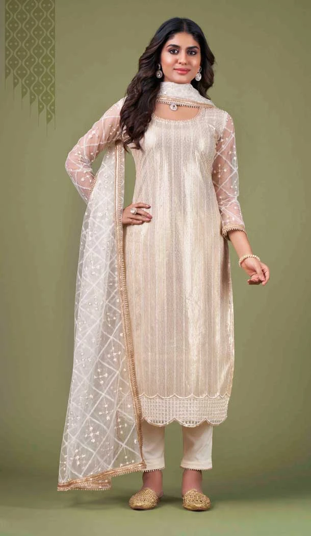 Off White Color Butterfly Net Zari And Thread Work Party Wear Salwar Suit -5874165234