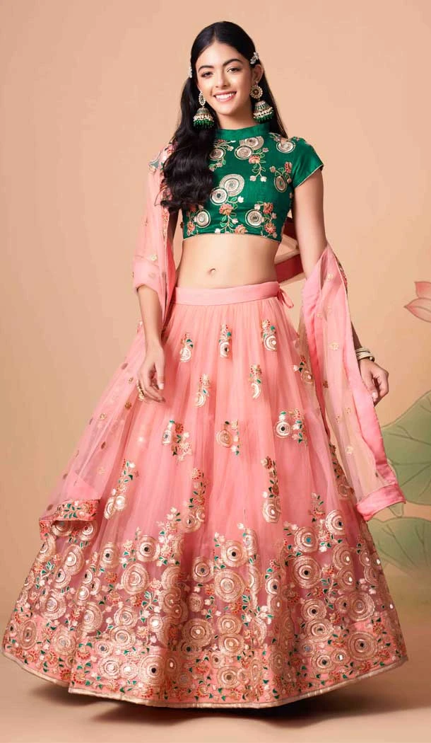Peach Color Soft Net Embroidery Work Function Wear Lehenga Choli - 5877165254