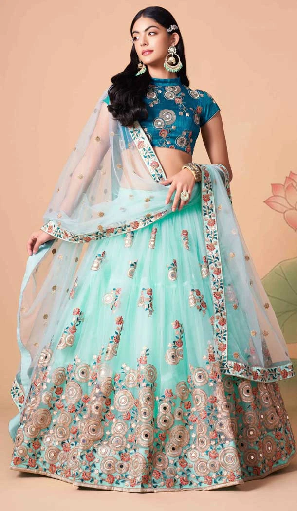 Sky Blue Color Soft Net Embroidery Work Function Wear Lehenga Choli - 5877165259