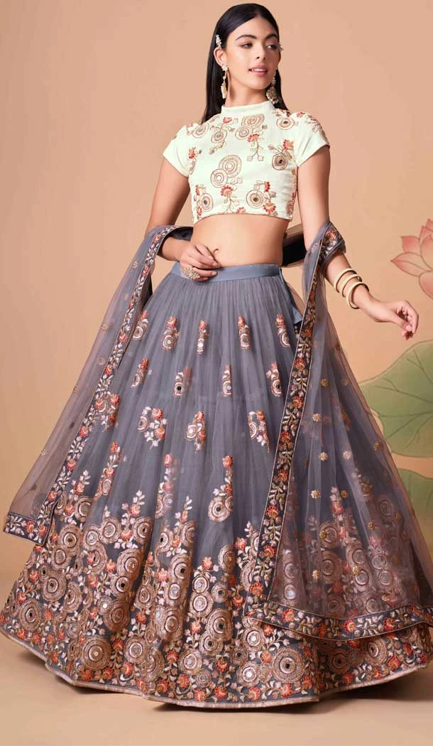Grey Color Soft Net Embroidery Work Function Wear Lehenga Choli - 5877165260