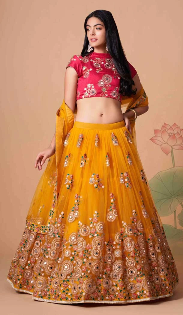 Yellow Color Soft Net Embroidery Work Function Wear Lehenga Choli - 5877165263