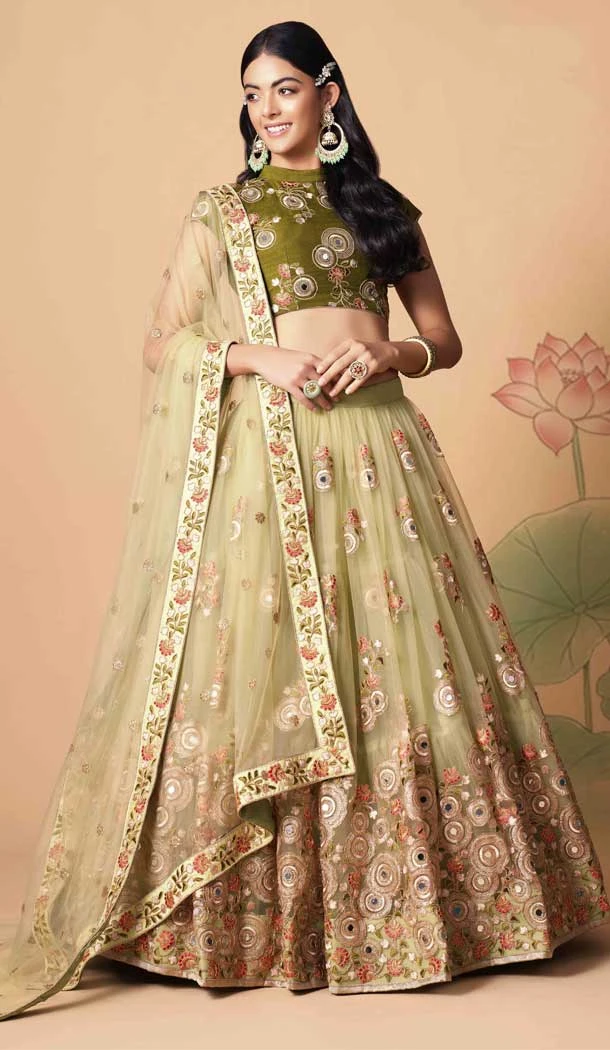 Pista Color Soft Net Embroidery Work Function Wear Lehenga Choli - 5877165265