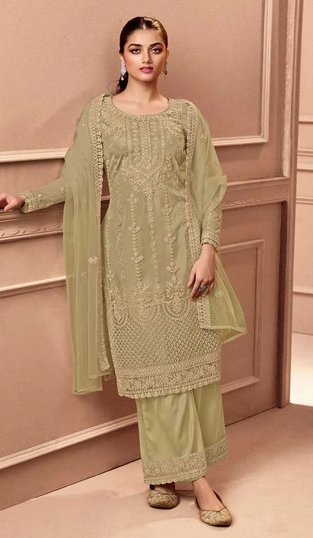 Festival Wear Beige Color Net Resham Work Pakistani Style Palazzo Suit -5882165275
