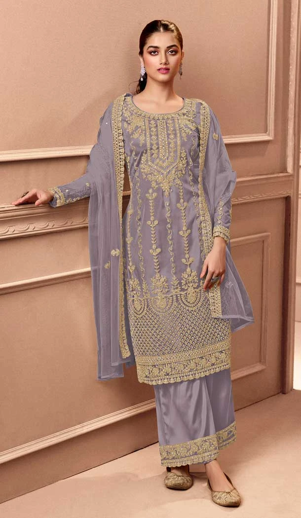 Festival Wear Violet Color Net Resham Work Pakistani Style Palazzo Suit -5882165276