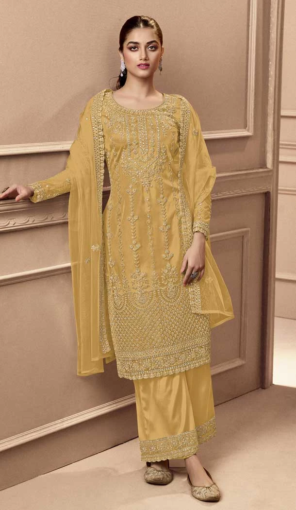 Festival Wear Yellow Color Net Resham Work Pakistani Style Palazzo Suit -5882165277