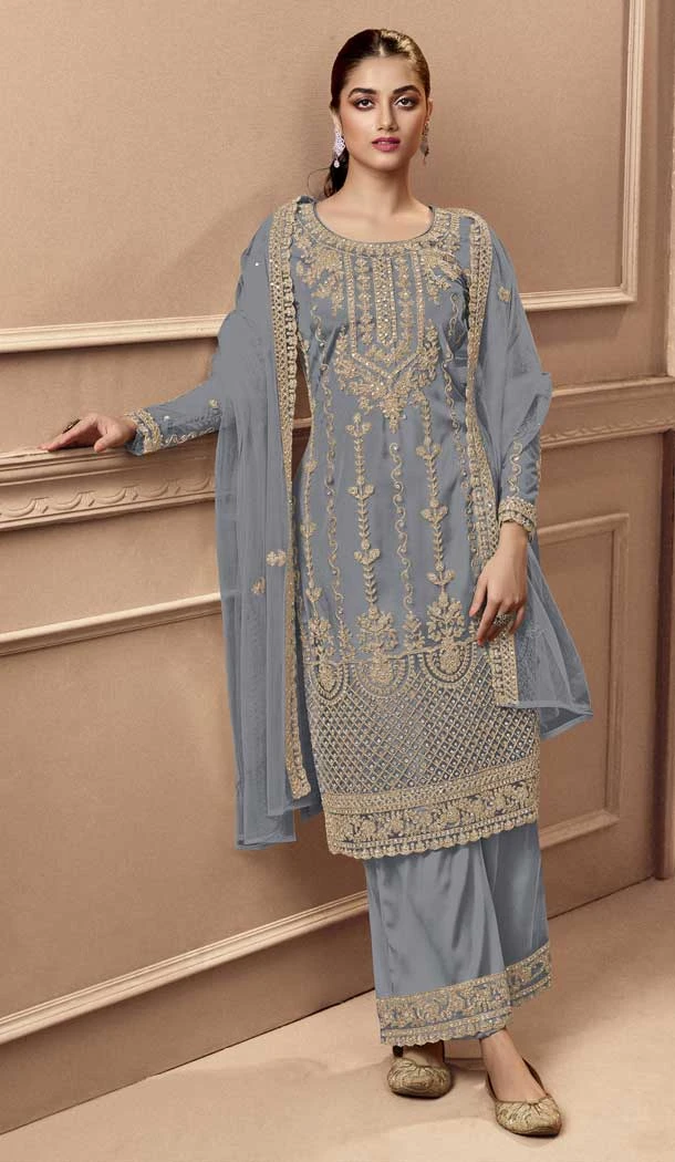 Festival Wear Grey Color Net Resham Work Pakistani Style Palazzo Suit -5882165278