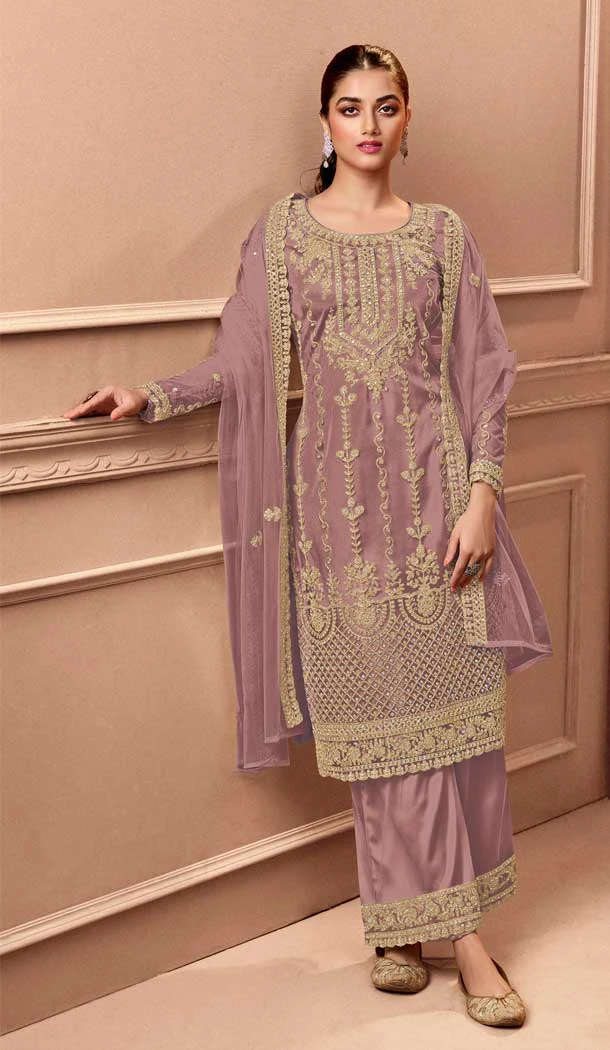 Festival Wear Purple Color Net Resham Work Pakistani Style Palazzo Suit -5882165279