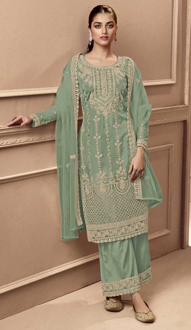 Festival Wear Green Color Net Resham Work Pakistani Style Palazzo Suit -5882165280