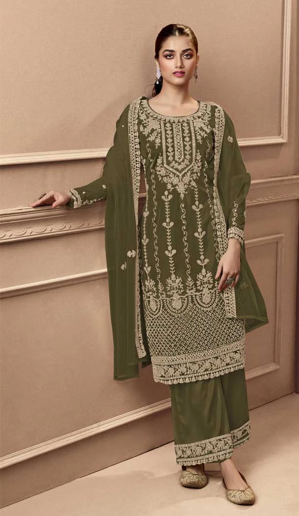 Festival Wear Mehendi Green Color Net Resham Work Pakistani Style Palazzo Suit -5882165281