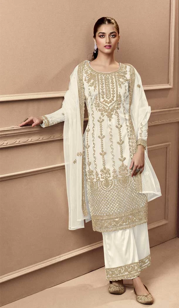 Festival Wear White Color Net Resham Work Pakistani Style Palazzo Suit -5882165282