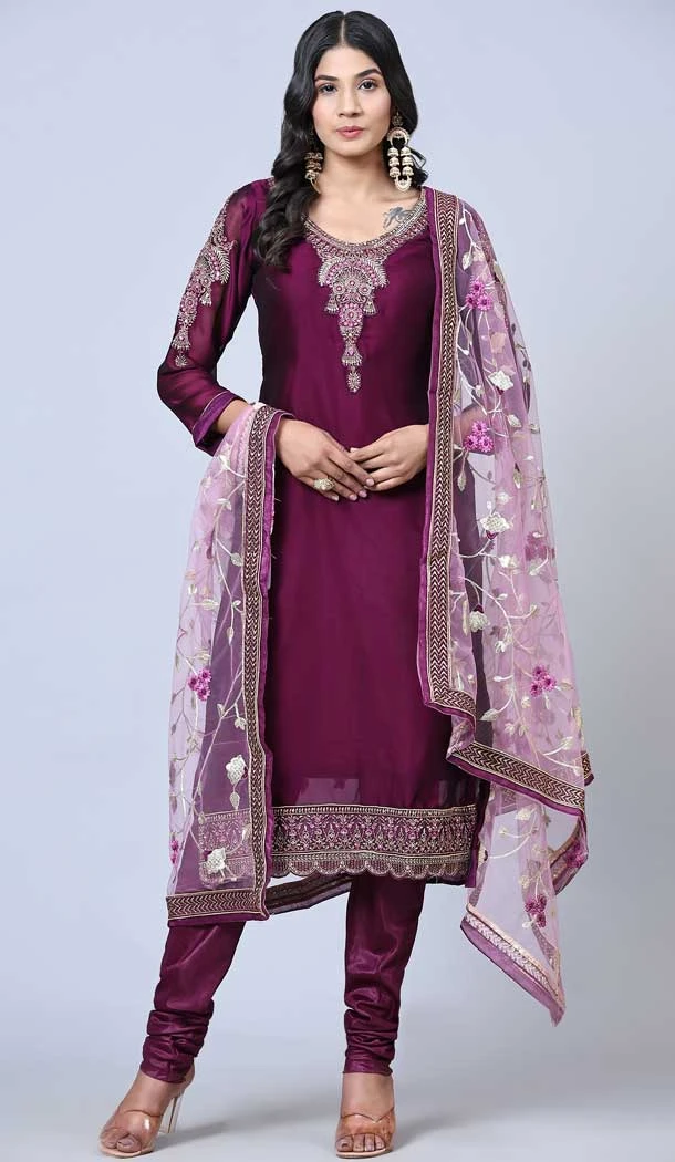 Violet Color Satin Georgette Embroidery Work Party Wear Salwar Suit -5883165283