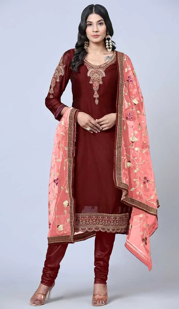 Maroon Color Satin Georgette Embroidery Work Party Wear Salwar Suit -5883165284