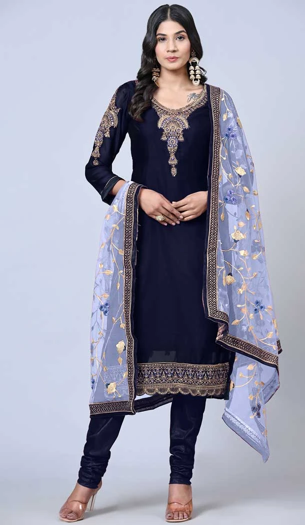 Navy Blue Color Satin Georgette Embroidery Work Party Wear Salwar Suit -5883165285