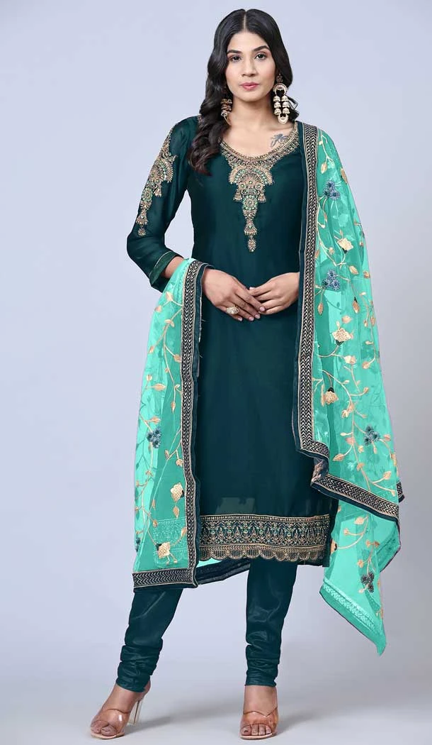 Teal Blue Color Satin Georgette Embroidery Work Party Wear Salwar Suit -5883165286