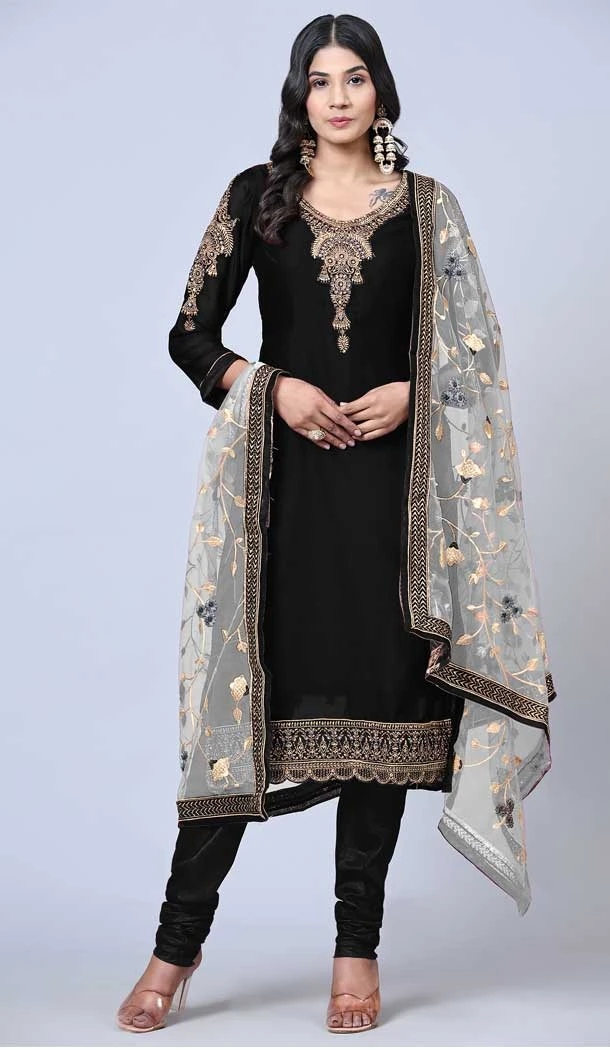 Black Color Satin Georgette Embroidery Work Party Wear Salwar Suit -5883165287