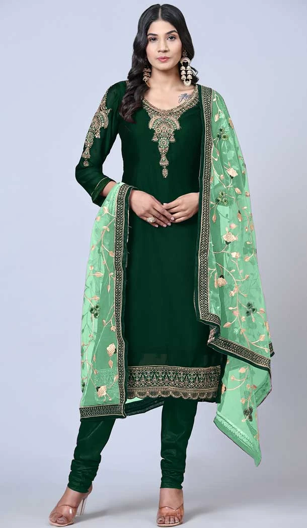 Forest Green Color Satin Georgette Embroidery Work Party Wear Salwar Suit -5883165288