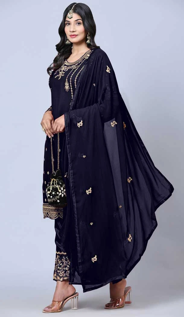 Navy Blue Color Georgette Embroidery Work Festival Wear Salwar Kameez -5884165290