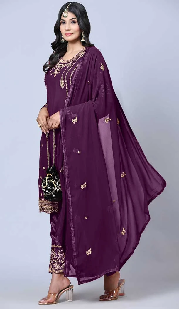 Purple Color Georgette Embroidery Work Festival Wear Salwar Kameez -5884165294