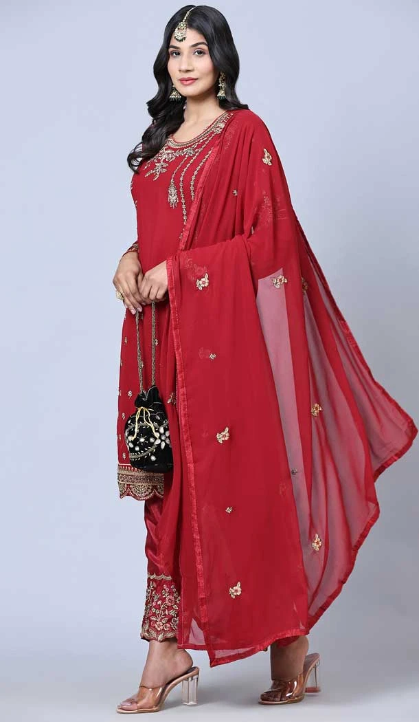 Maroon Color Georgette Embroidery Work Festival Wear Salwar Kameez -5884165296