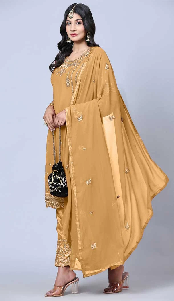 Dark Cream Color Georgette Embroidery Work Festival Wear Salwar Kameez -5884165298