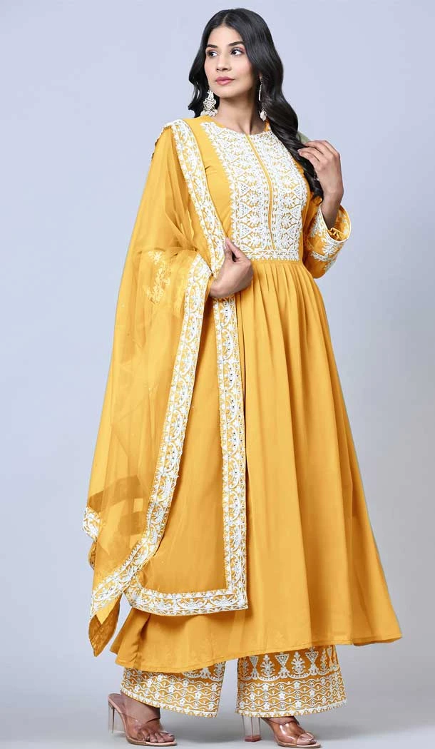 Party Wear Yellow Color Faux Georgette Embroidery Work Palazzo Salwar Suit -5885165299