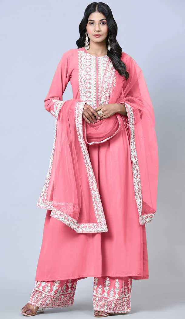 Party Wear Pink Color Faux Georgette Embroidery Work Palazzo Salwar Suit -5885165301