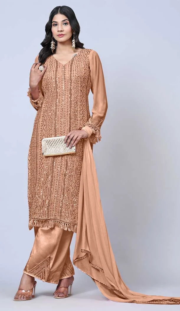 Peach Color Fox Georgette Resham Work Function Wear Palazzo Salwar Kameez -5886165303