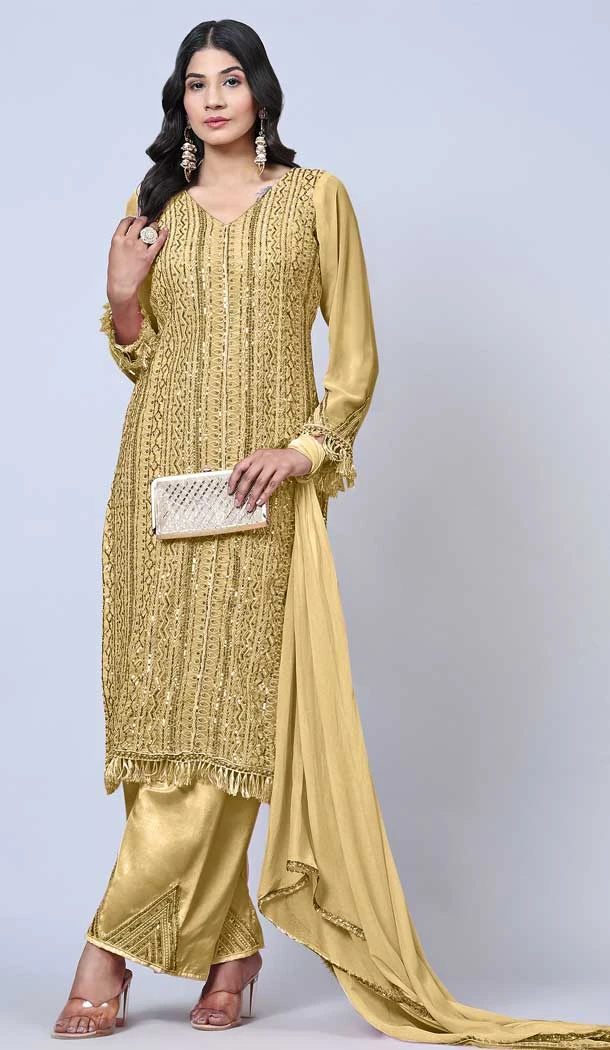 Yellow Color Fox Georgette Resham Work Function Wear Palazzo Salwar Kameez -5886165304