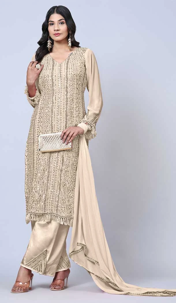 Off White Color Fox Georgette Resham Work Function Wear Palazzo Salwar Kameez -5886165307