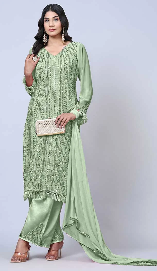 Light Green Color Fox Georgette Resham Work Function Wear Palazzo Salwar Kameez -5886165308