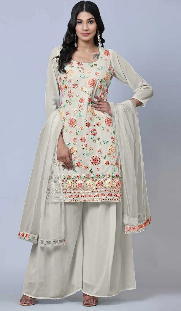 Cream Color Heavy Georgette Embroidery Work Function Wear Palazzo Suit -5887165309 