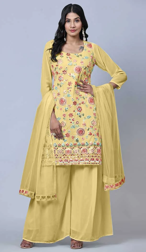 Yellow Color Heavy Georgette Embroidery Work Function Wear Palazzo Suit -5887165310