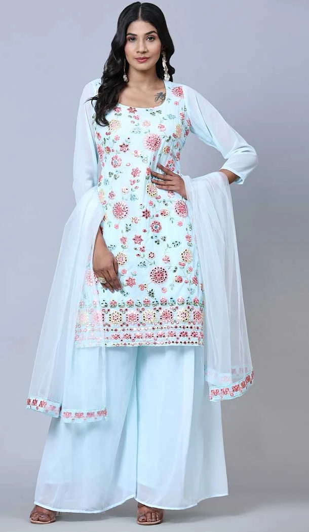 Sky Blue Color Heavy Georgette Embroidery Work Function Wear Palazzo Suit -5887165311
