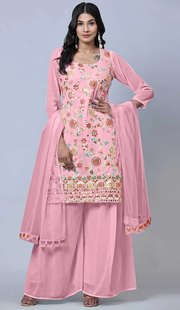 Pink Color Heavy Georgette Embroidery Work Function Wear Palazzo Suit -5887165312