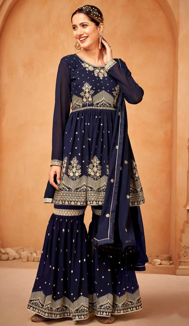 Navy Blue Color Georgette Embroidery Wedding Wear Sharara Suit -5894165370
