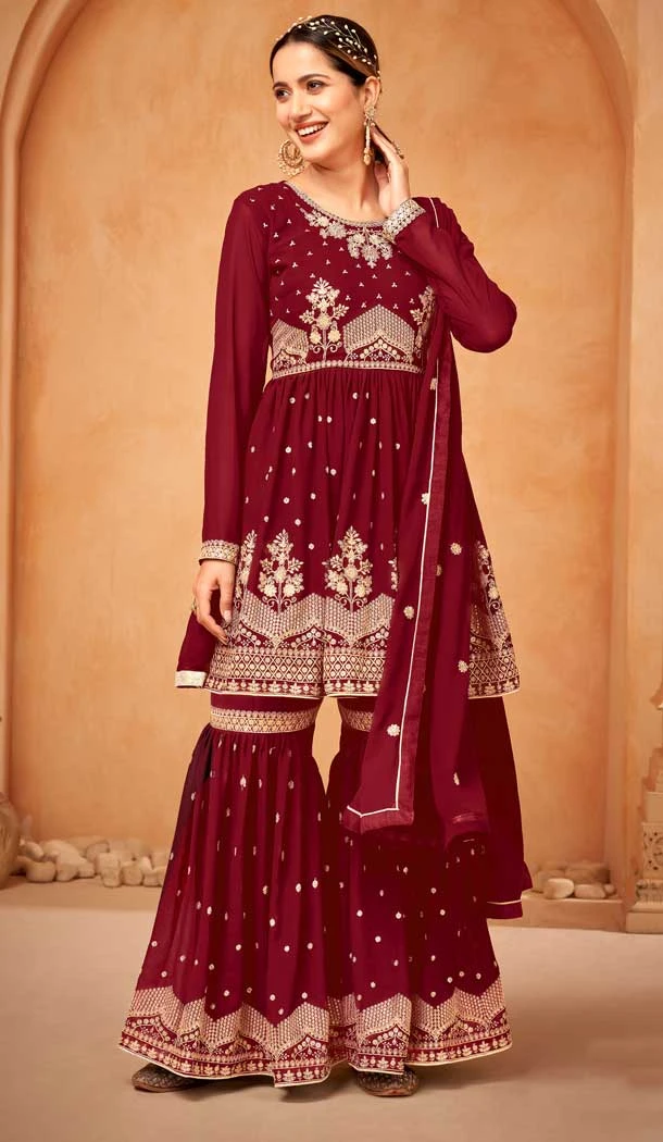 Maroon Color Georgette Embroidery Wedding Wear Sharara Suit -5894165371