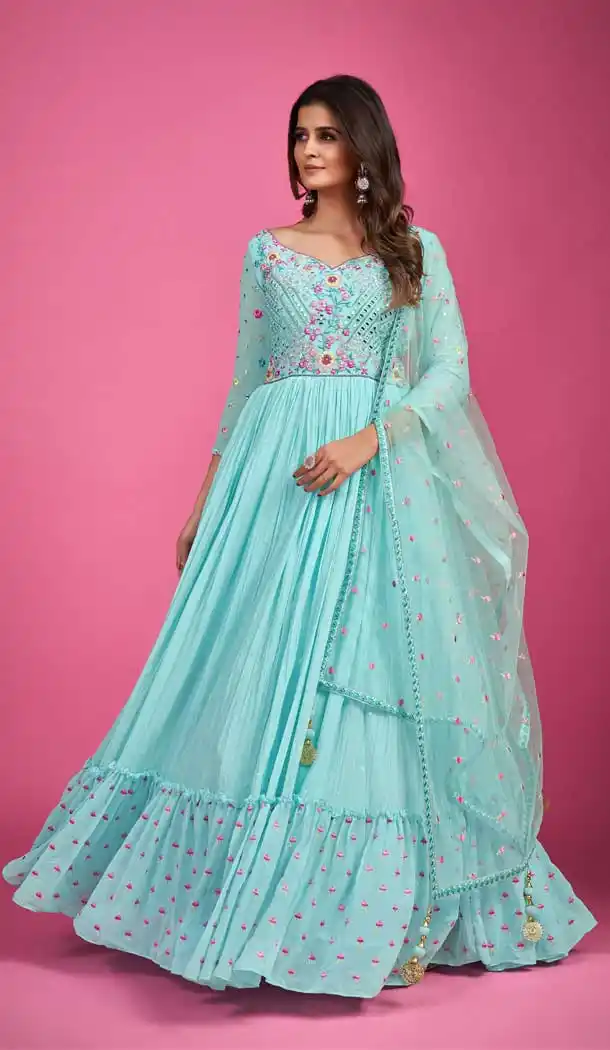 Sky Blue Color Chinon Silk Sequins Work Wedding Wear Designer Salwar Kameez -5912165464