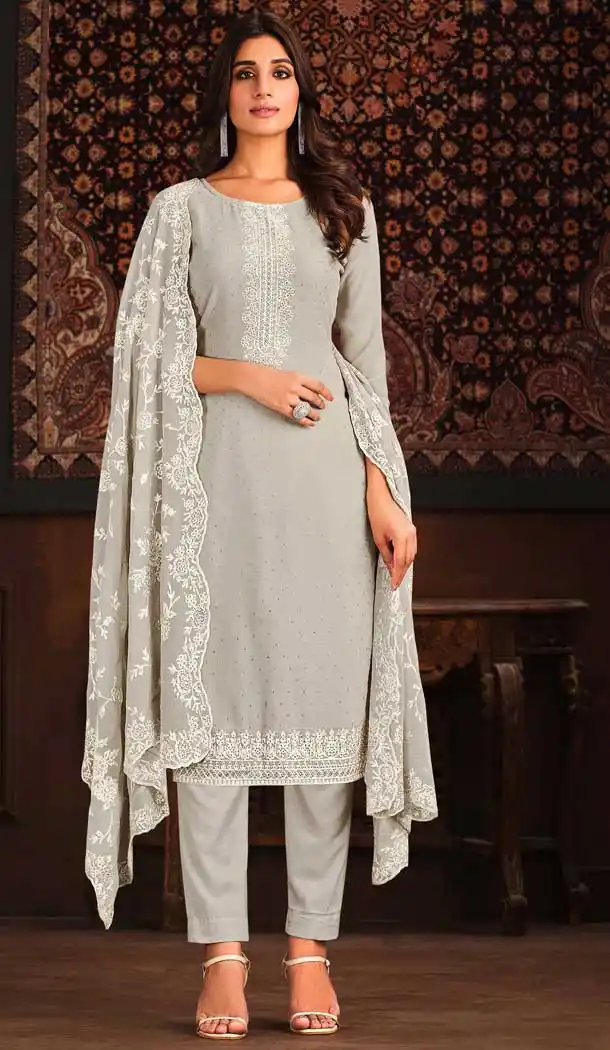 Grey Color Georgette Resham Work Party Function Wear Salwar Suit -5909165445