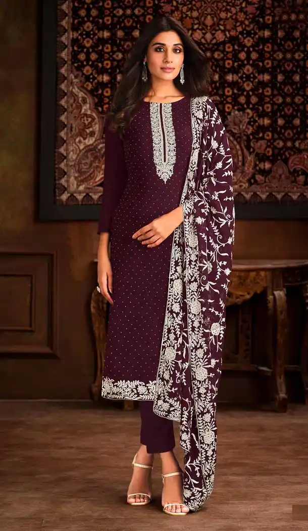 Wine Color Georgette Resham Work Party Function Wear Salwar Suit -5909165446