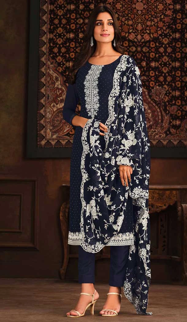Navy Blue Color Georgette Resham Work Party Function Wear Salwar Suit -5909165448