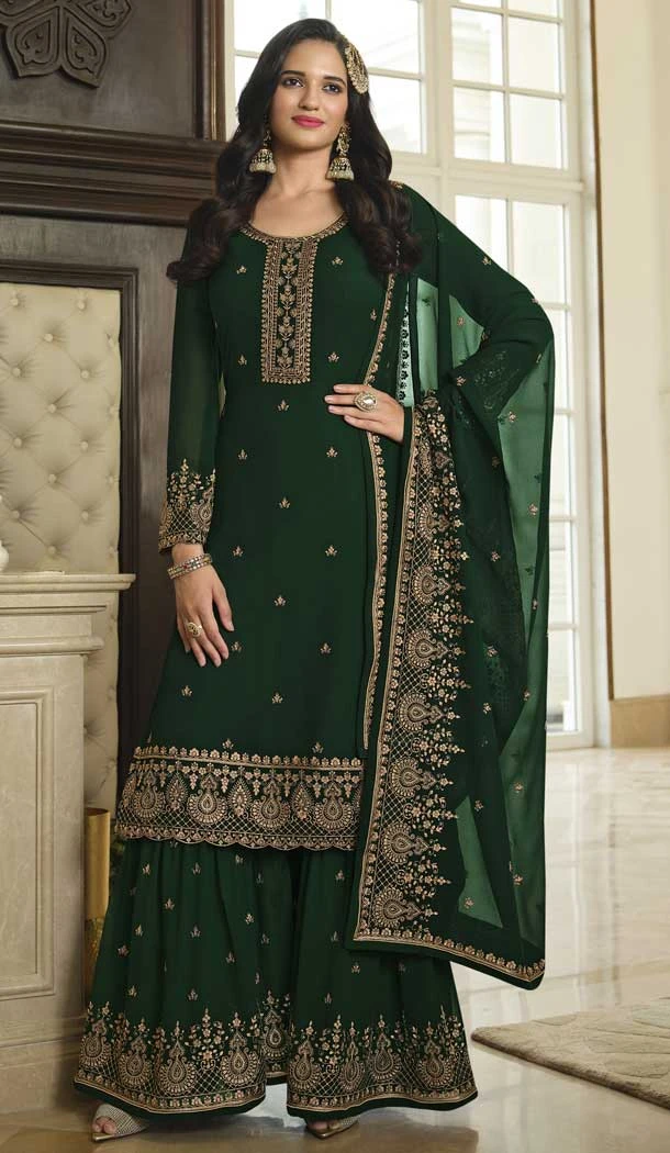 Festival Wear Green Color Faux Georgette Resham Work Pakistani Palazzo Suit -5913165468