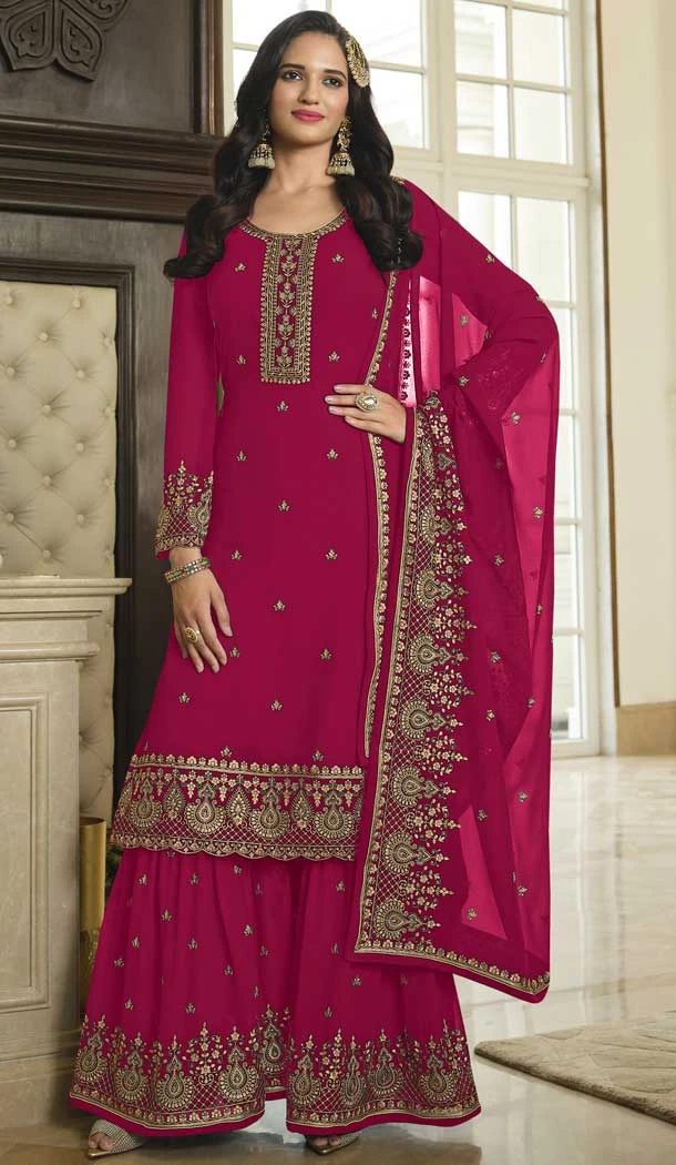 Festival Wear Pink Color Faux Georgette Resham Work Pakistani Palazzo Suit -5913165469
