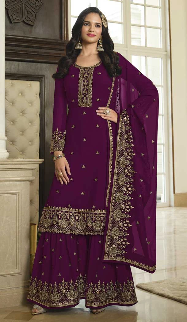 Festival Wear Purple Color Faux Georgette Resham Work Pakistani Palazzo Suit -5913165471