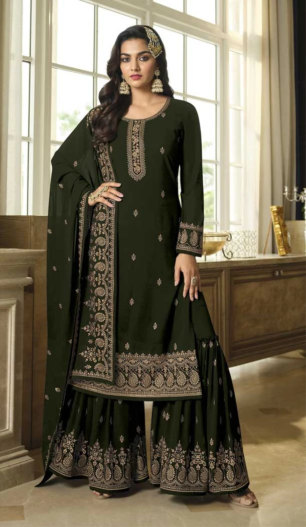 Festival Wear Mehendi Green Color Faux Georgette Resham Work Pakistani Palazzo Suit -5913165473