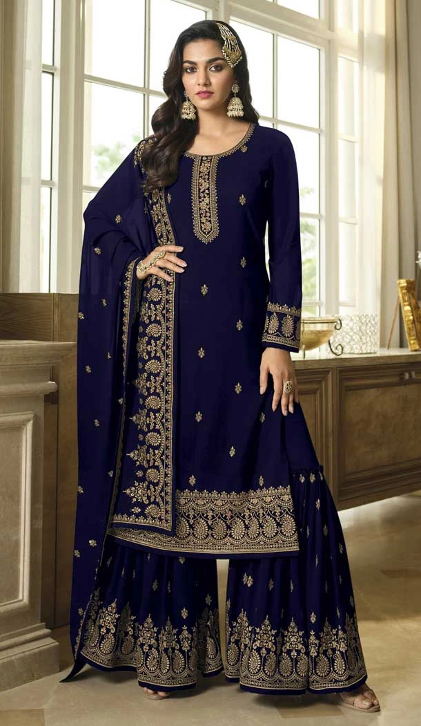 Festival Wear Royal Blue Color Faux Georgette Resham Work Pakistani Palazzo Suit -5913165474