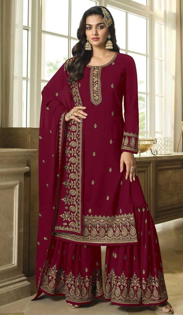 Festival Wear Maroon Color Faux Georgette Resham Work Pakistani Palazzo Suit -5913165475