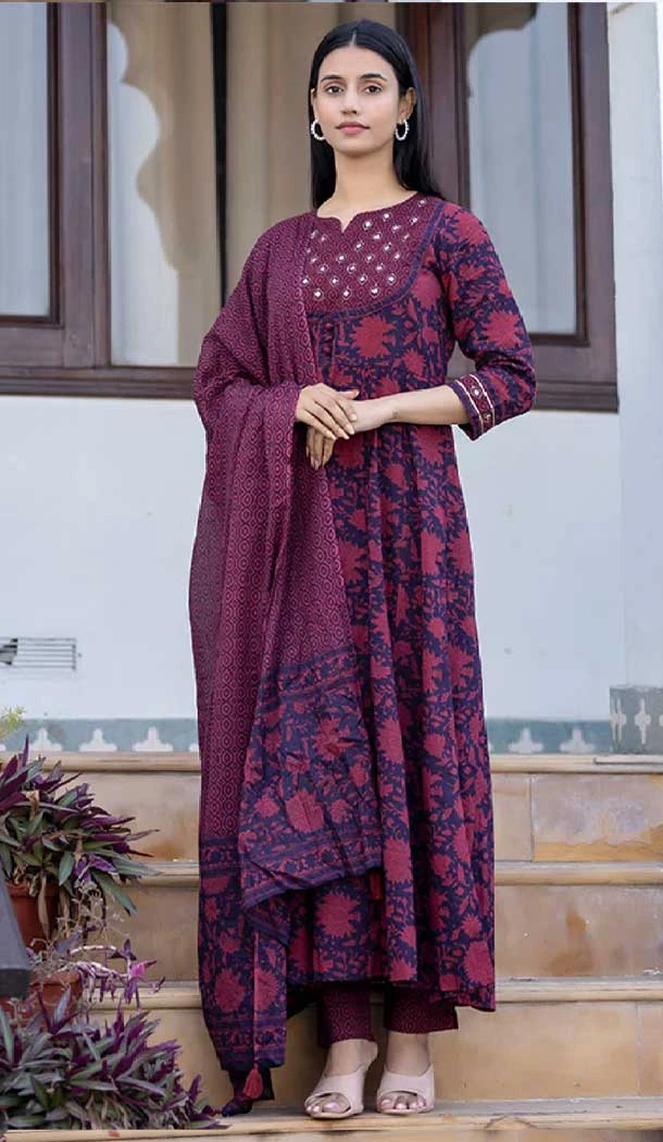 Wine Color Cotton Digital Print Work Party Wear Readymade Suit -5917165501