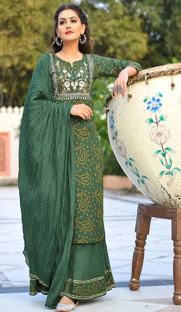 Green Color Cotton Digital Print Work Party Wear Readymade Suit -5917165502