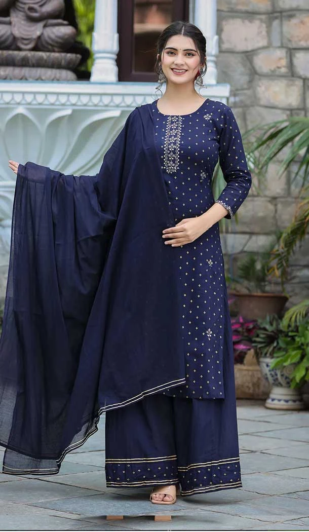 Navy Blue Color Cotton Digital Print Work Party Wear Readymade Suit -5917165503