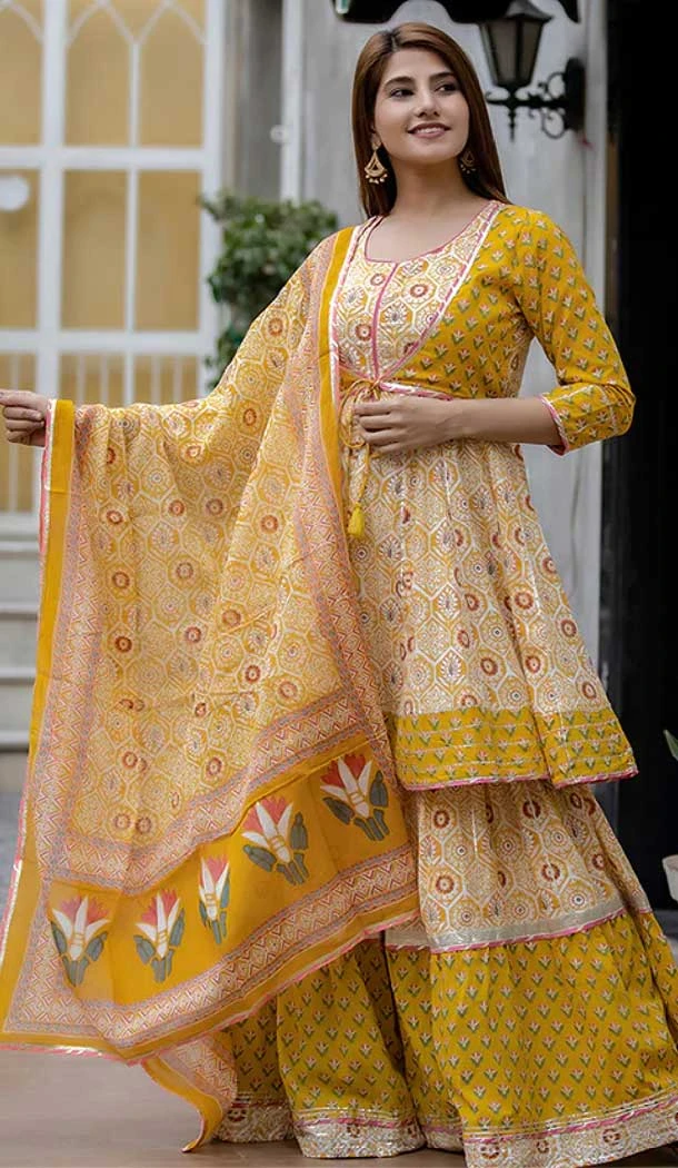 Yellow Color Cotton Digital Print Work Party Wear Readymade Suit -5917165504
